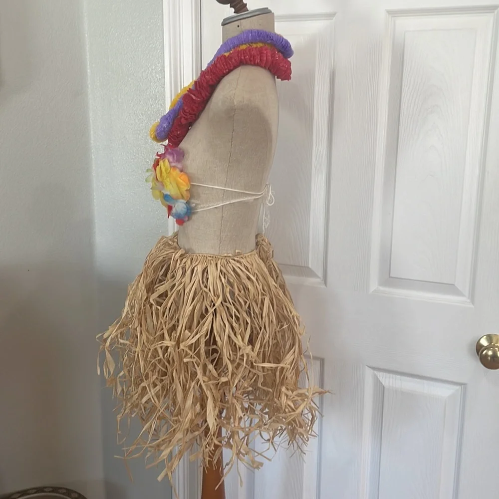 Vintage Hawaiian luau grass hula skirt costume floral bikini top leis girls 5 pc